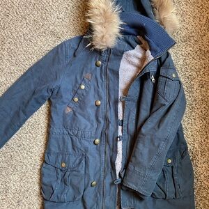 Women's Blue Hooded Jacket with Faux Fur Trim